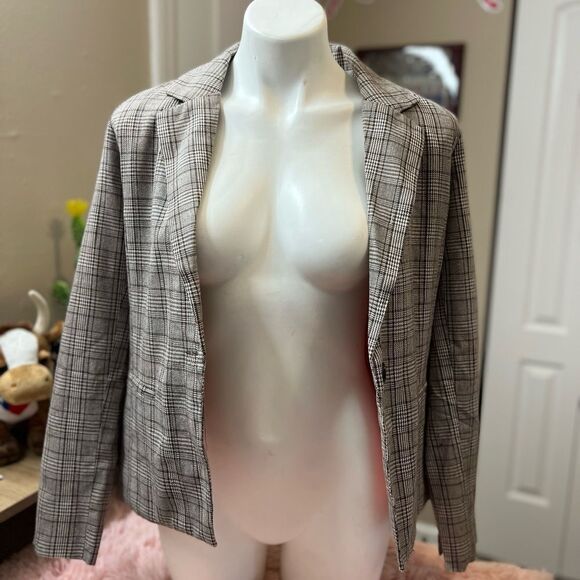 Chocolate Jackets & Blazers - Chocolate USA Plaid Open Front Blazer Jacket Women’s Size S Brown Tan Lined
